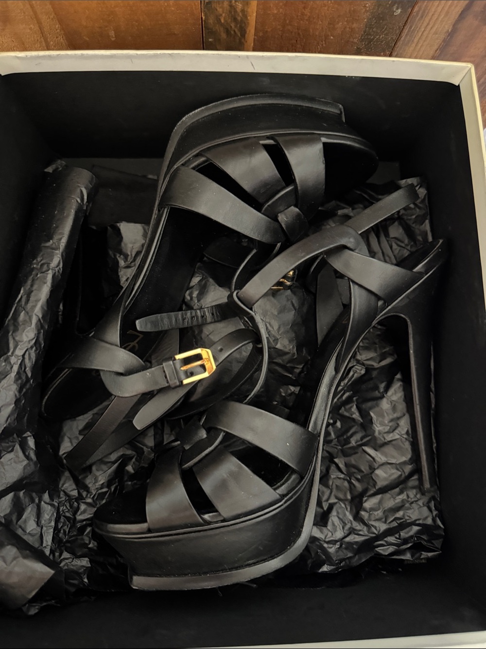 Saint Laurent Black Leather Platform Strappy Heels with Gold Buckle